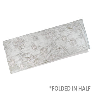 Silver satin velvet table runner with embroidered white snowflakes perfect for christmas tabletoppers and runners