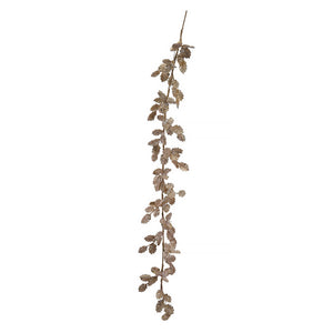 A 72 inch gold and ice finish fabric leaf garland with beads glitter and silver faux holly leaves perfect for holiday garlands