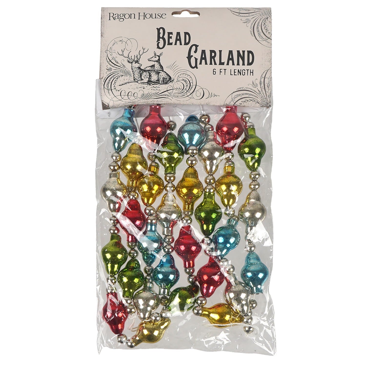 72 multicolor beaded glass garland with glossy red blue green yellow and silver teardrop ornaments and metallic beads