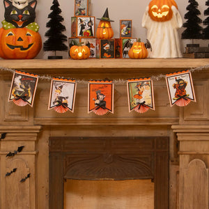 Vintage 72 inch retro halloween garland with colorful paper flags featuring witch pumpkin designs and red orange fans perfect for halloween garlands or bethany lowe halloween garlands and tinsel decor