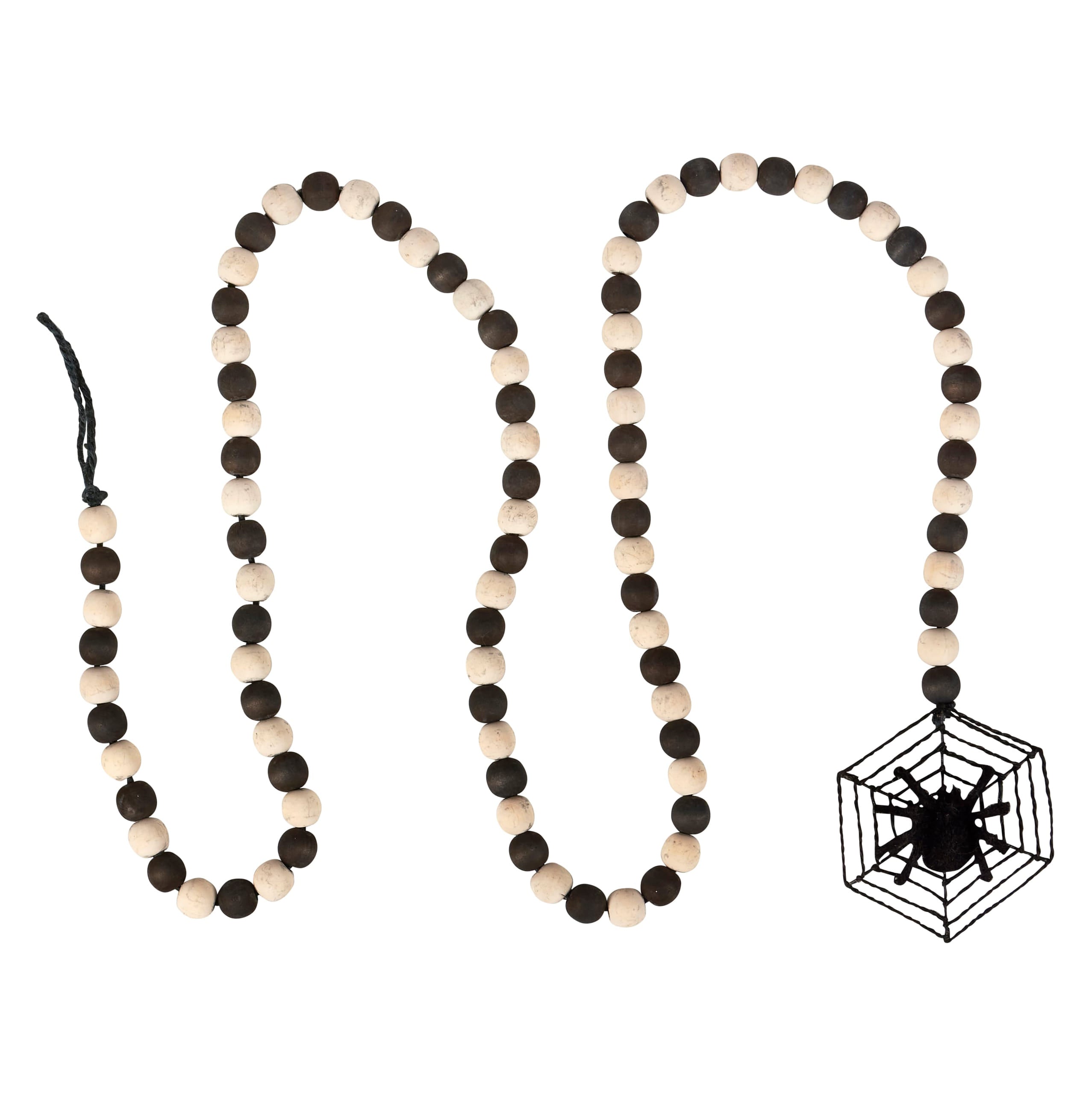 Halloween-themed wooden bead garland with light and dark brown beads and black wire spider perfect for holiday garlands