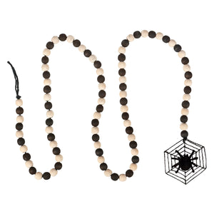 Halloween-themed wooden bead garland with light and dark brown beads and black wire spider perfect for holiday garlands
