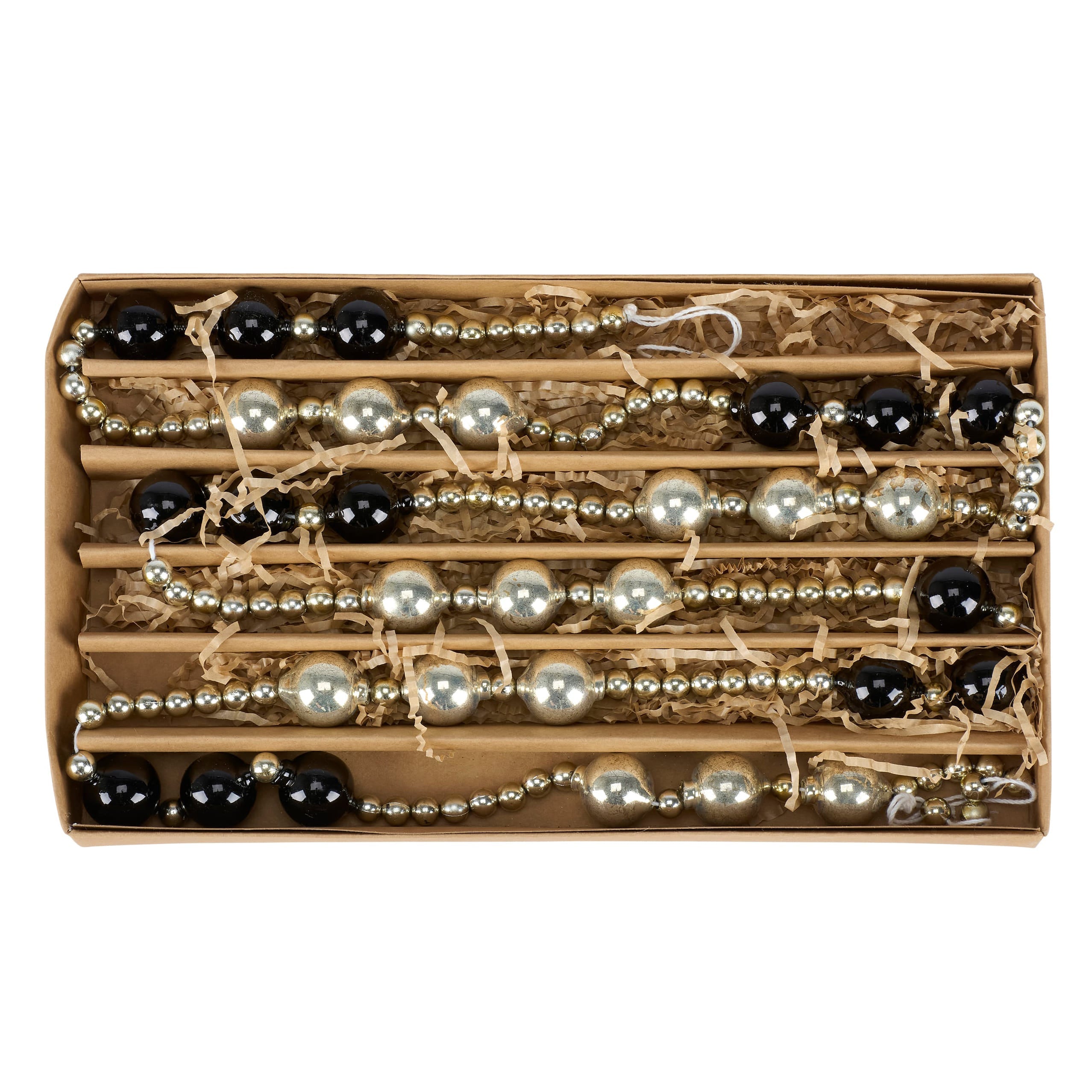 Set of five black rings garland holiday garlands in black and silver glass beads packed in a cardboard box