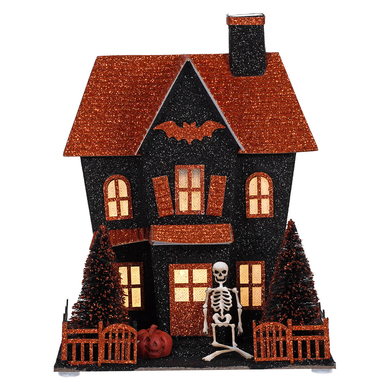 8.25 inch led lighted black and orange halloween haunted house decoration with skeleton pumpkins and trees by regency international