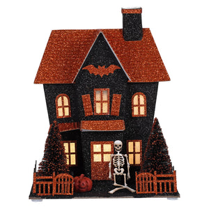 8.25 inch led lighted black and orange halloween haunted house decoration with skeleton pumpkins and trees by regency international