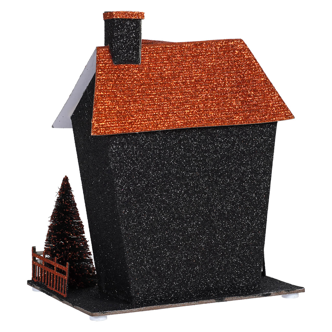 8.25 inch led lighted black and orange halloween haunted house with pine tree and fence by Regency International