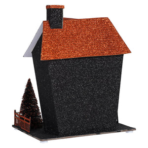 8.25 inch led lighted black and orange halloween haunted house with pine tree and fence by Regency International