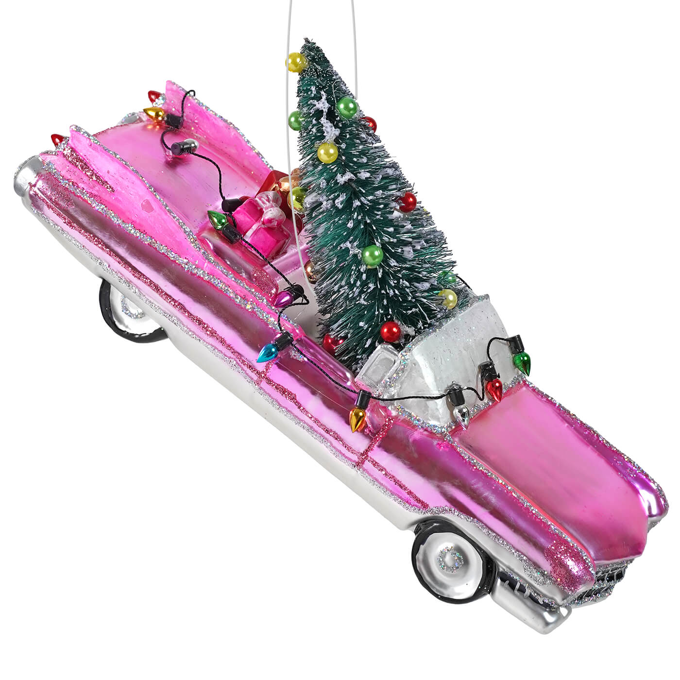 Pink vintage glass ornament of oversized 8.25 inch pink caddy with christmas tree and presents decoration