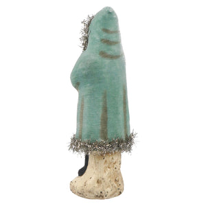 Soft blue velvet belsnickle with teal textured fabric and metallic fringe trim at top and bottom