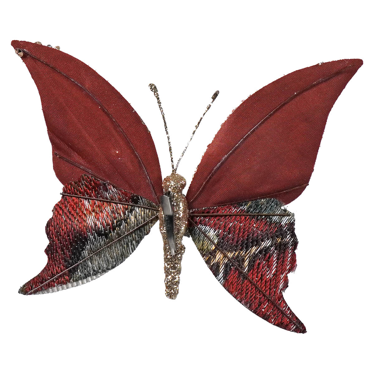 A decorative 8.5 inch red and silver fabric butterfly clip-on ornament with sequin finish and textured wings