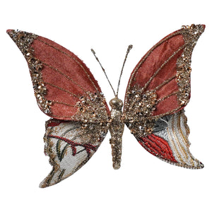 8.5-inch fabric butterfly clip-on ornament in red and gold with intricate beading and sequin finish insect bug ornament