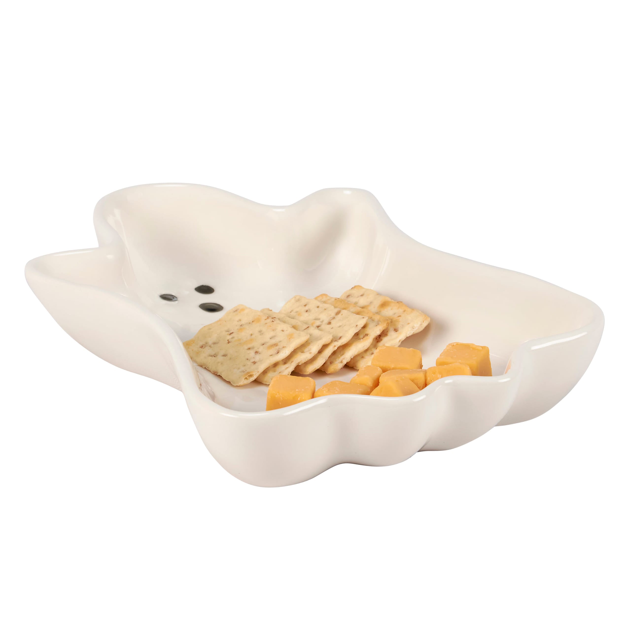 White ceramic ghost tray snack dish with black dot eyes perfect for halloween décor and ghost shape display