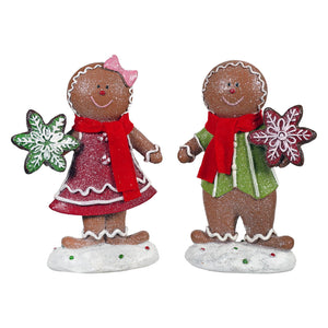 8.5 resin gingerbread cookie couple figurines with glittery brown bodies and red scarves for regency international christmas decor