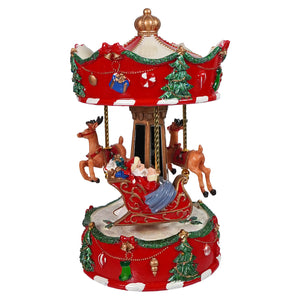 Red and gold santa’s sleigh carousel by raz imports with animated musical feature and north pole themed decor