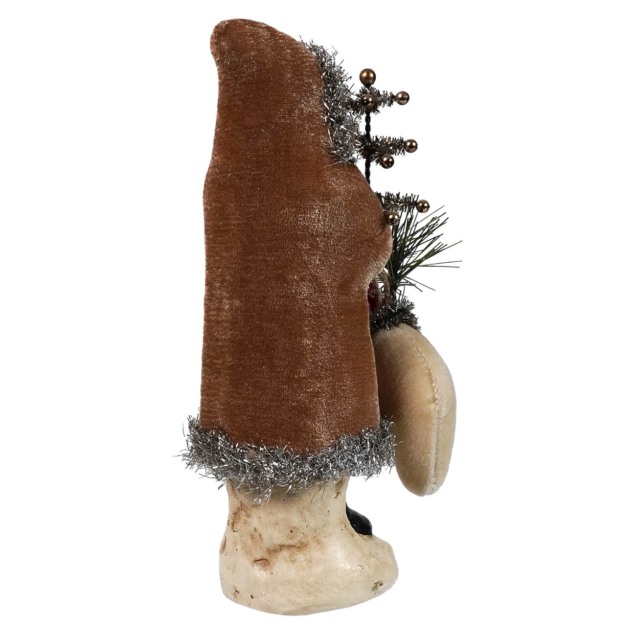 Brown velvet santa hat with silver tinsel trim and pine branch decoration in 8 inch fawn velvet belsnickle by ragon house christmas
