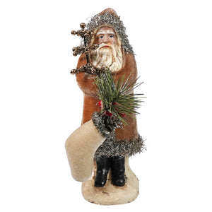 Vintage fawn velvet belsnickle santa claus figurine with brown coat silver tinsel trim and black boots by ragon house christmas
