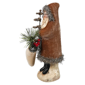 Brown velvet clads fawn velvet belsnickle santa claus figurine with silver tinsel trim holding pine branch with berries by ragon house christmas
