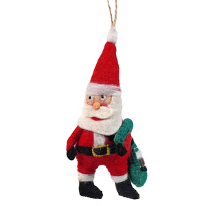 8 inch handmade wool felt santa ornament in red and white with green sack hanging by twine loop perfect for santa ornaments