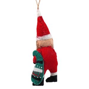 8 inch handmade wool felt santa ornament in red with white trim carrying a green knitted sack and embroidery details