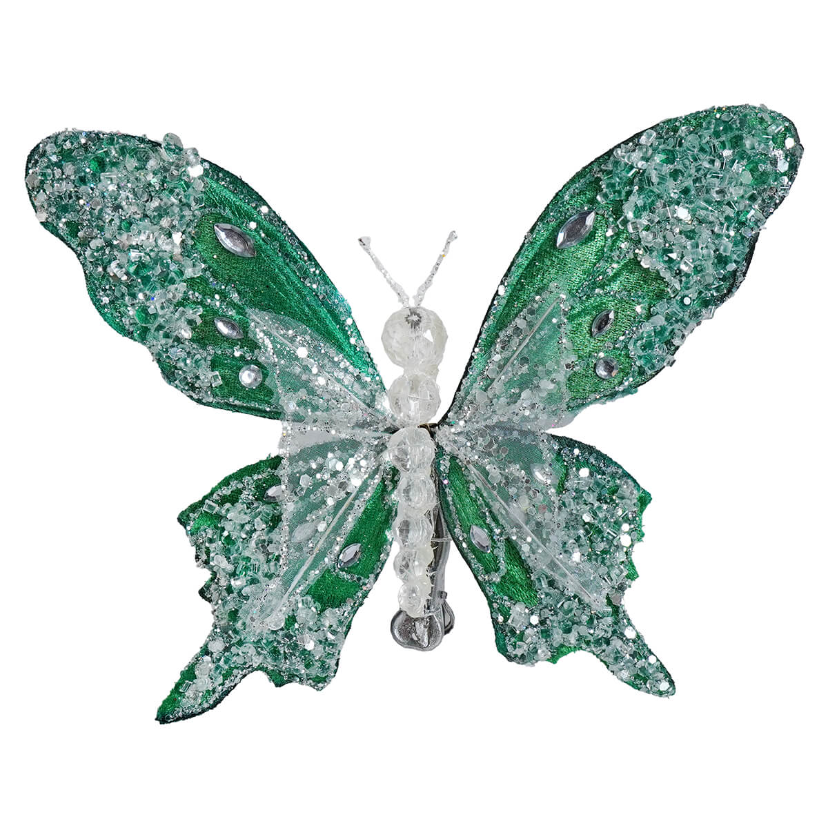 Emerald green glittered green butterfly clip-on ornament with sparkling crystals and silver rhinestone accents by a&b floral design