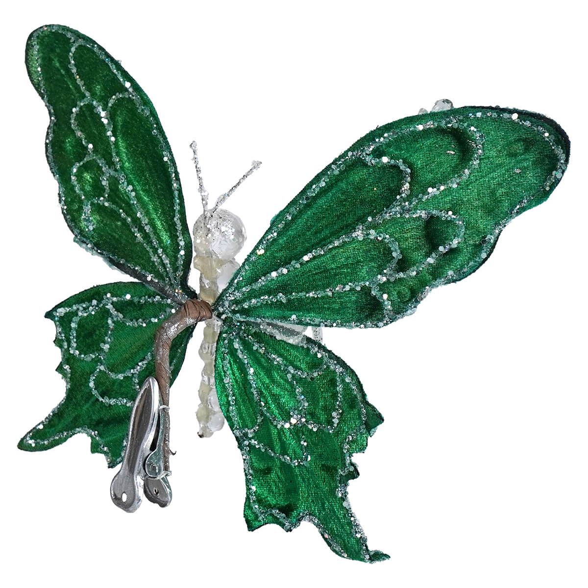 8 inch jeweled and glittered green butterfly clip-on ornament with emerald green wings and a clear faceted body by a&b floral design