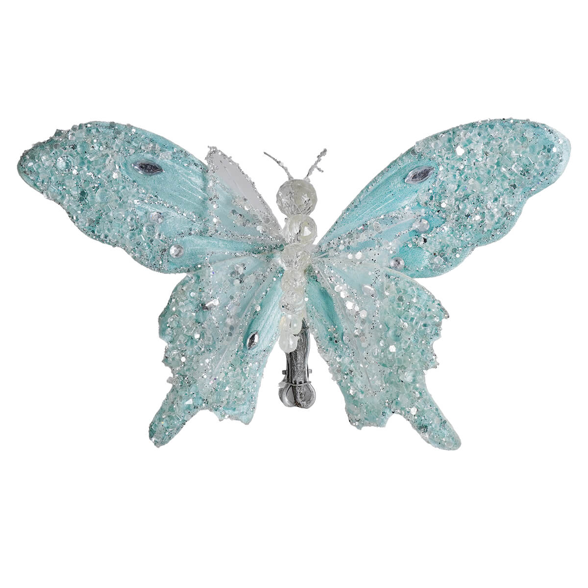 Delicate 8 inch glittered turquoise butterfly clip-on ornament with sparkling rhinestones by a&b floral design