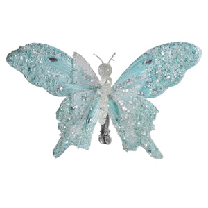 Delicate 8 inch glittered turquoise butterfly clip-on ornament with sparkling rhinestones by a&b floral design