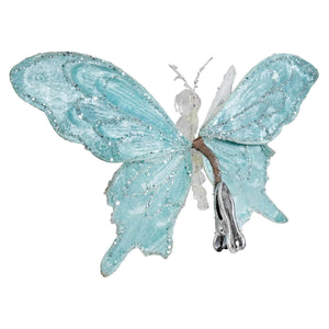 Delicate light blue glittered turquoise butterfly clip-on ornament with sparkling details and silver clip by a&b floral design