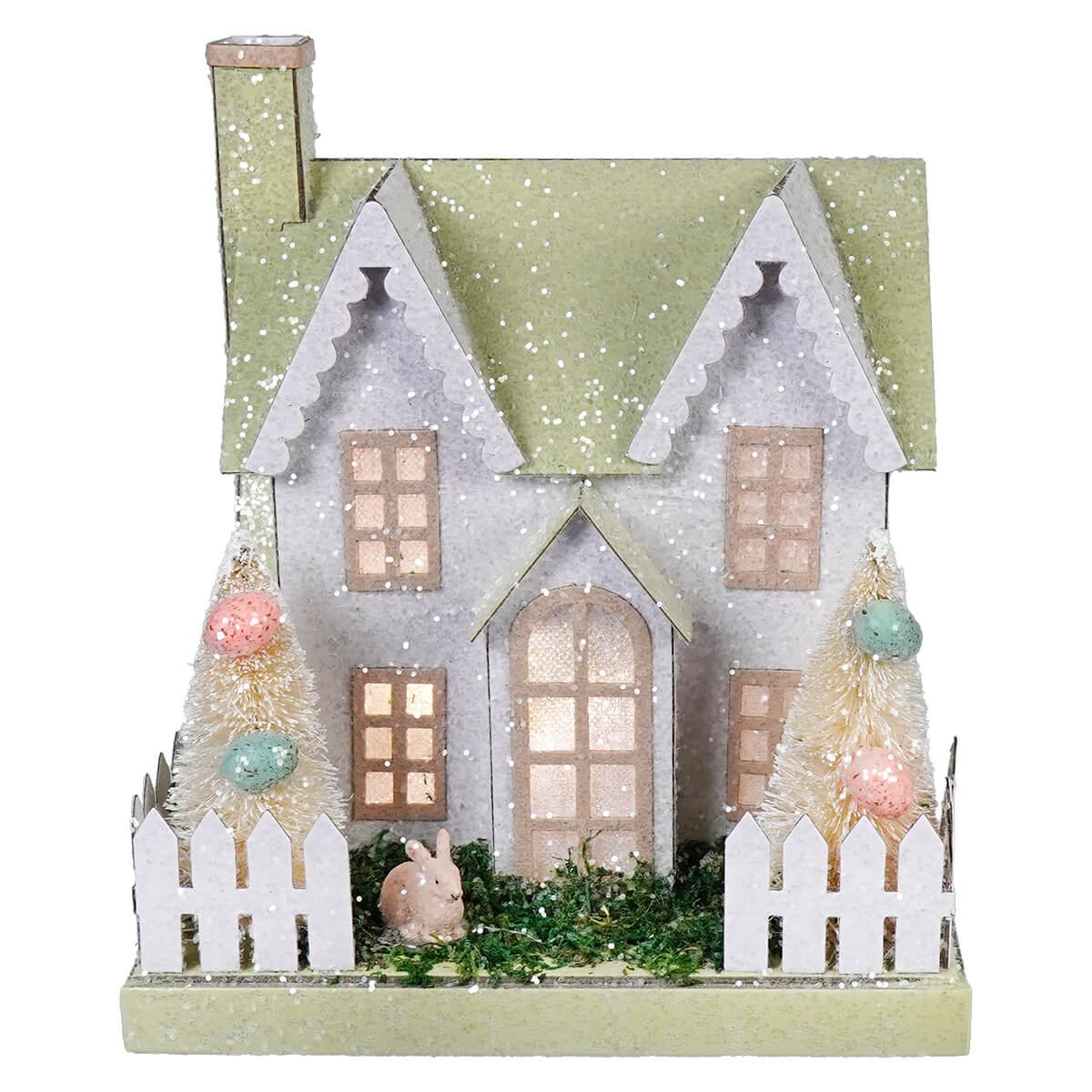 8 inch lighted led pastel green and pink bunny easter house with brown bunny easter design for festive decor