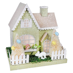 8 inch lighted led pastel green and pink bunny easter house with a cute pink white bunny decoration