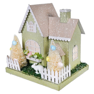 Lighted led pastel green glittery bunny easter house with beige roof white fence and pink white bunny accents