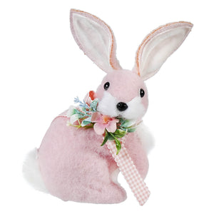 Pink wool sitting easter bunny with floral collar plush toy perfect for spring décor or gifts