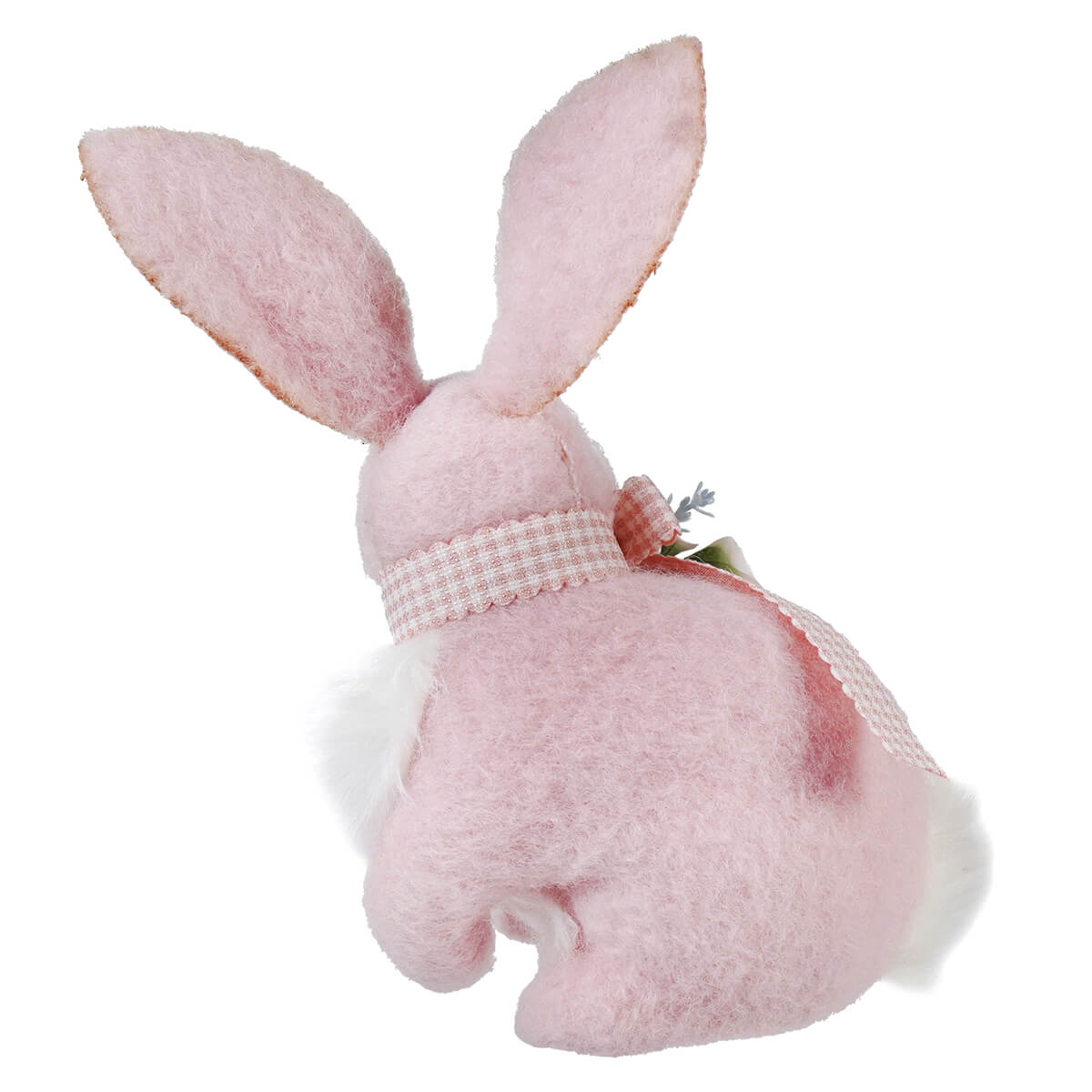 Pink wool sitting easter bunny with white fur trim and checkered ribbon vintage easter bunny figural decor