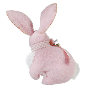 Pink wool sitting easter bunny with white fur trim and checkered ribbon vintage easter bunny figural decor
