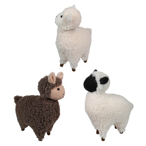 Three 8 inch plush farm sheep with textured wool fabric in different colors perfect for spring decor and ornaments