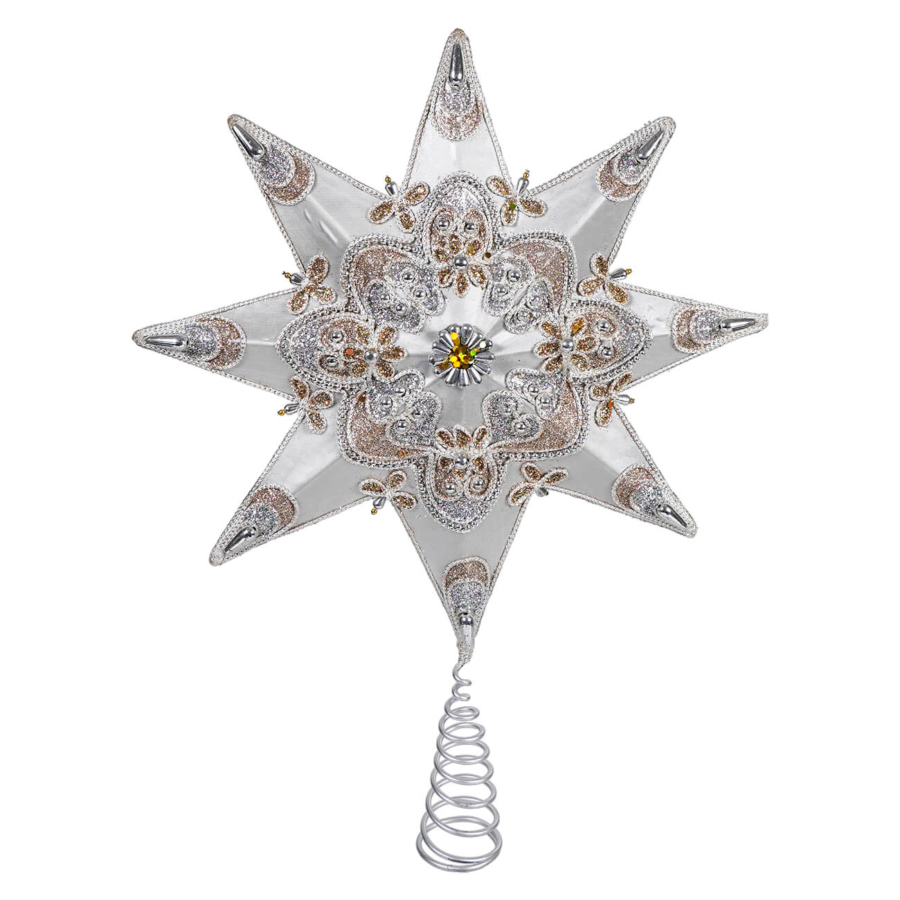 8-Point Glittered Silver & Gold Beaded Star Tree Topper - Christmas