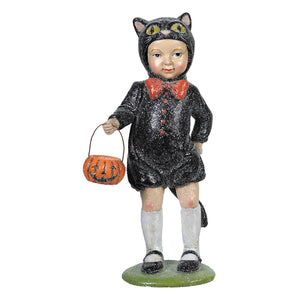 8 resin black cat costume trick-or-treater figurine with glitter, red bow tie, and pumpkin basket by regency international halloween