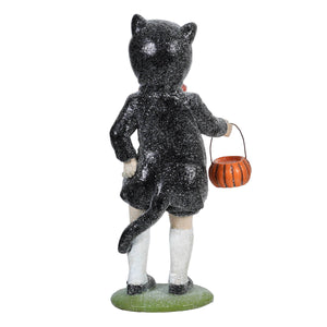 8 inch resin black cat figurine in cat costume trick-or-treater holding orange pumpkin basket by regency international halloween