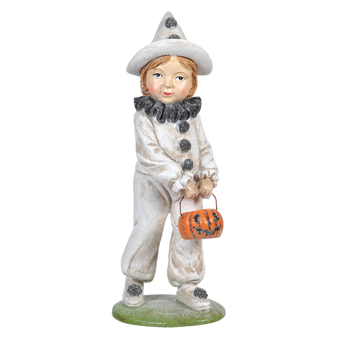 White glittery resin clown costume figurine with black polka dots holding orange pumpkin basket for halloween