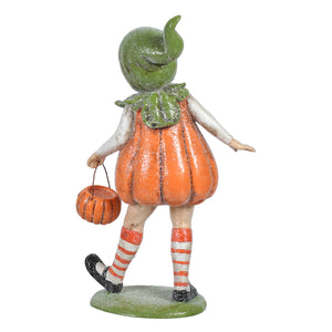 8 inch resin jack-o-lantern costume figurine of a girl with green pumpkin head and orange dress by regency international halloween