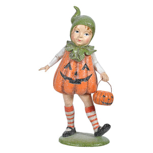 8 inch resin jack-o-lantern costume trick-or-treater figurine with green glittery hat by regency international halloween