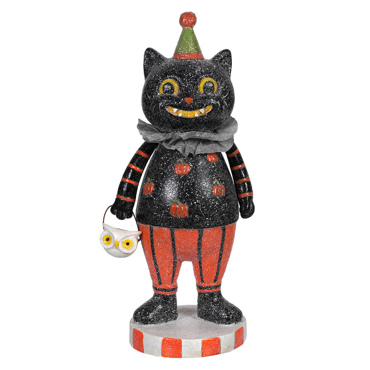 8 inch resin retro black cat figurine wearing party hat and striped pants holding white owl trick or treat bucket by regency international halloween