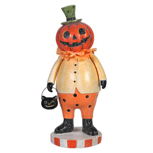 8 inch resin retro jack-o-lantern costume trick-or-treater figurine with orange pumpkin head and green top hat holding cat bucket