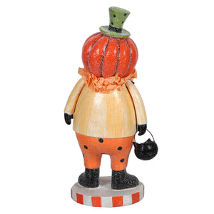 Whimsical resin retro jack o lantern costume trick or treater figurine with orange pumpkin head and green top hat