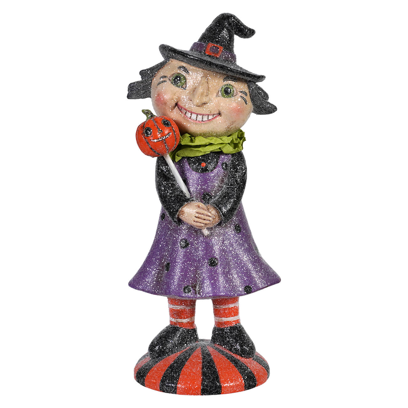 8 inch resin retro witch figurine in purple dress with pointed black hat holding pumpkin lollipop on striped base