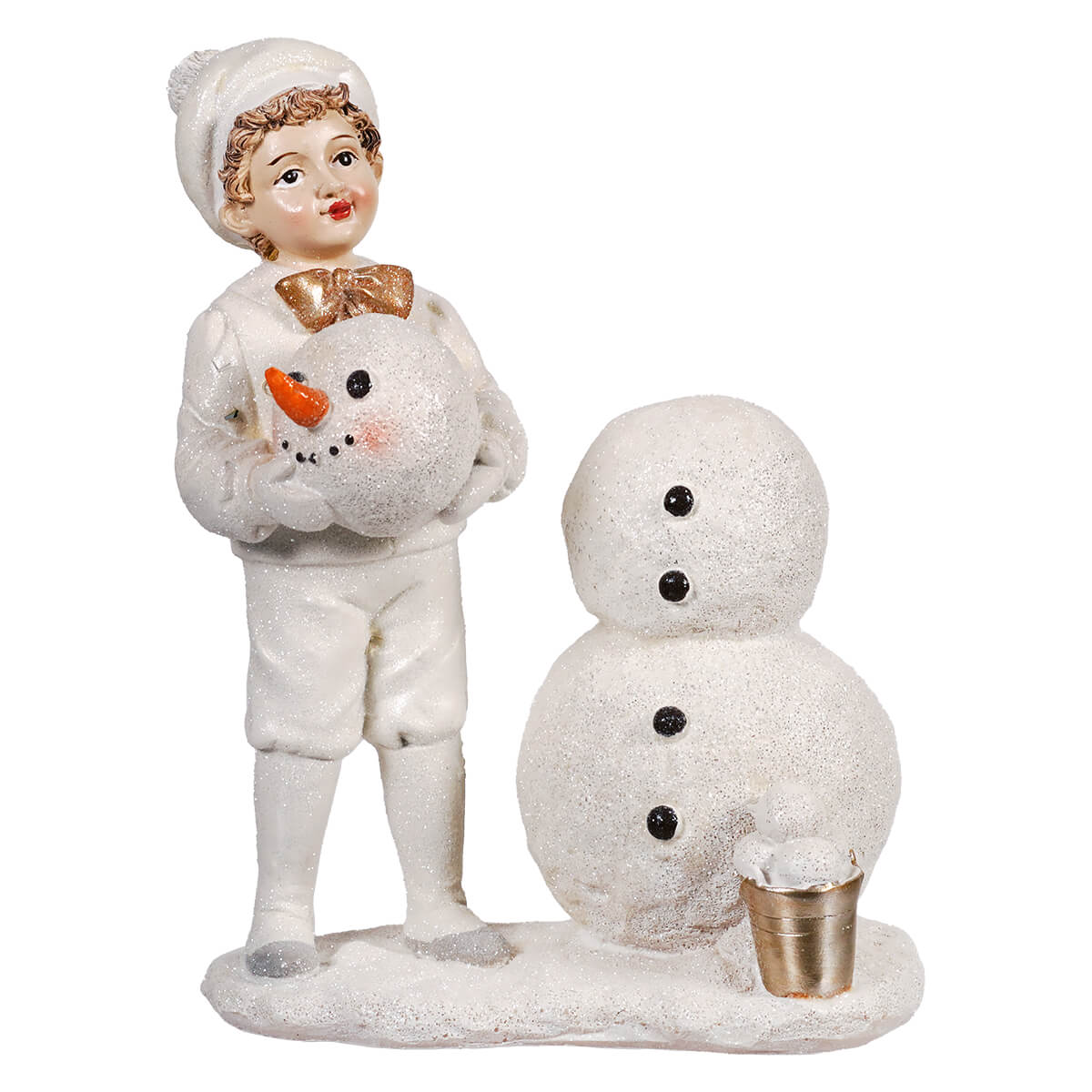 8 inch resin winter white figurine of a kid building snowman with snowman figures and a small gold bucket nearby