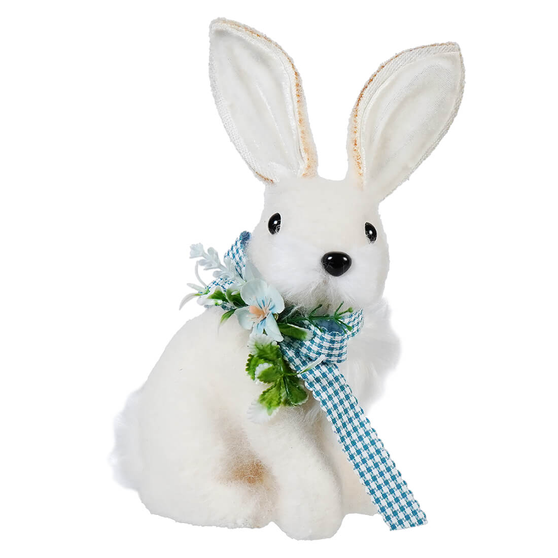 8 inch white wool sitting easter bunny with floral gingham ribbon and flocked white bunny texture vintage decor