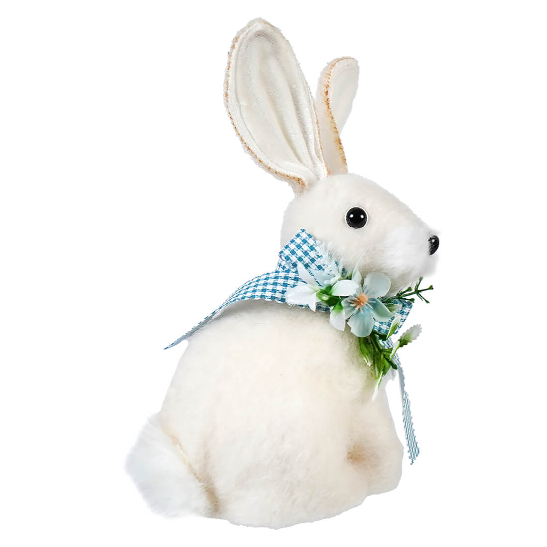 8 inch white wool sitting easter bunny with long ears black button eyes and blue gingham ribbon vintage easter bunny figural decor