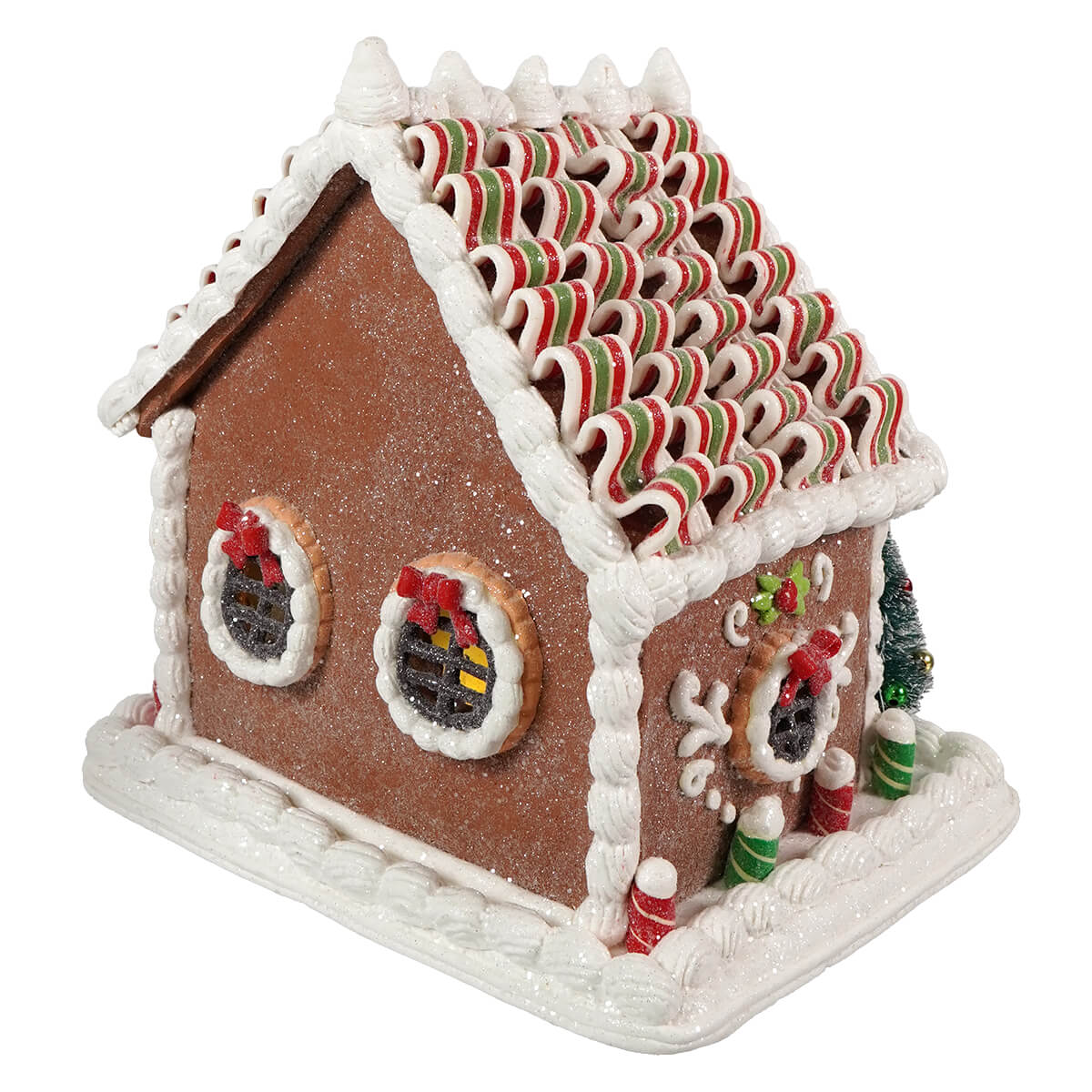 A 9.25 inch led lighted gingerbread junction house with a brown glittery facade and candy cane roof figural decor