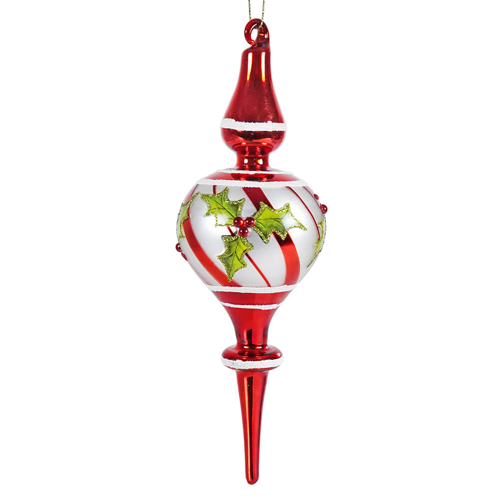 9.25 inch red and silver diagonal striped holly glass finial ornament with festive holly details